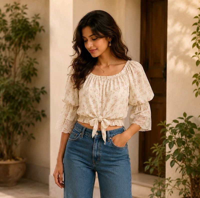 Floral Off-Shoulder Tie-Front Top