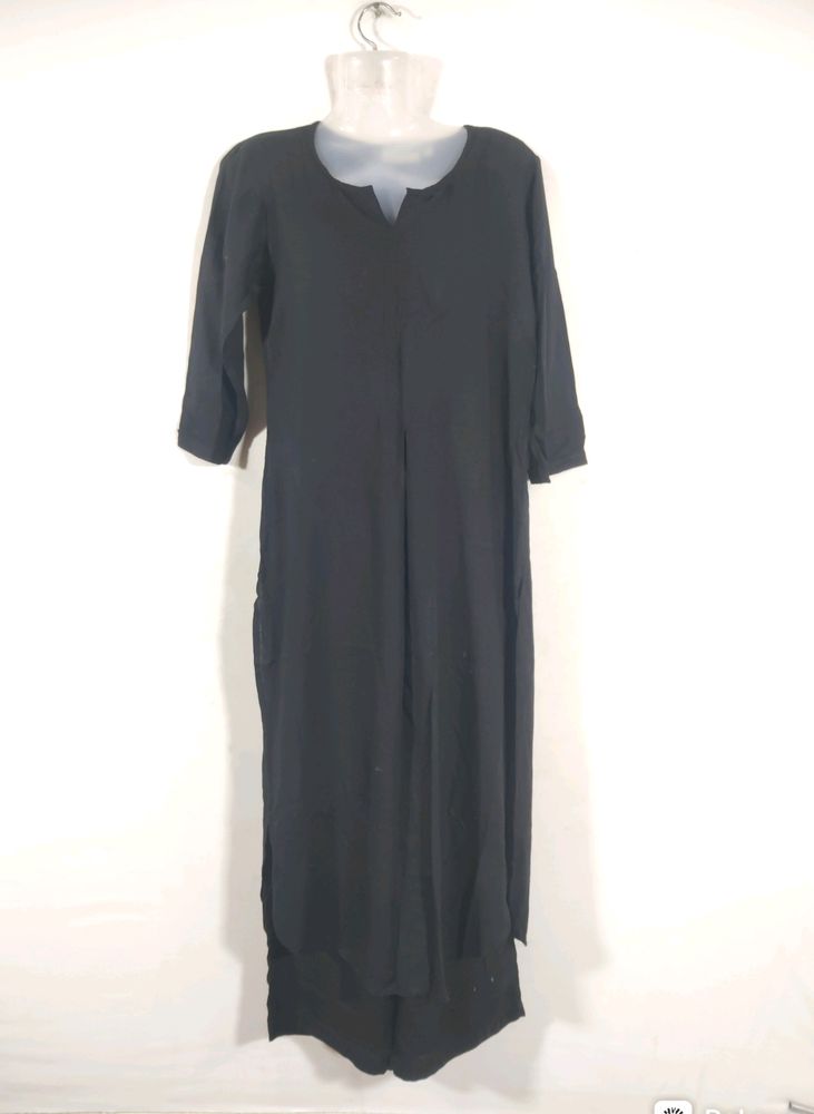 Black Plain Kurta With Bottom Set (Women's)