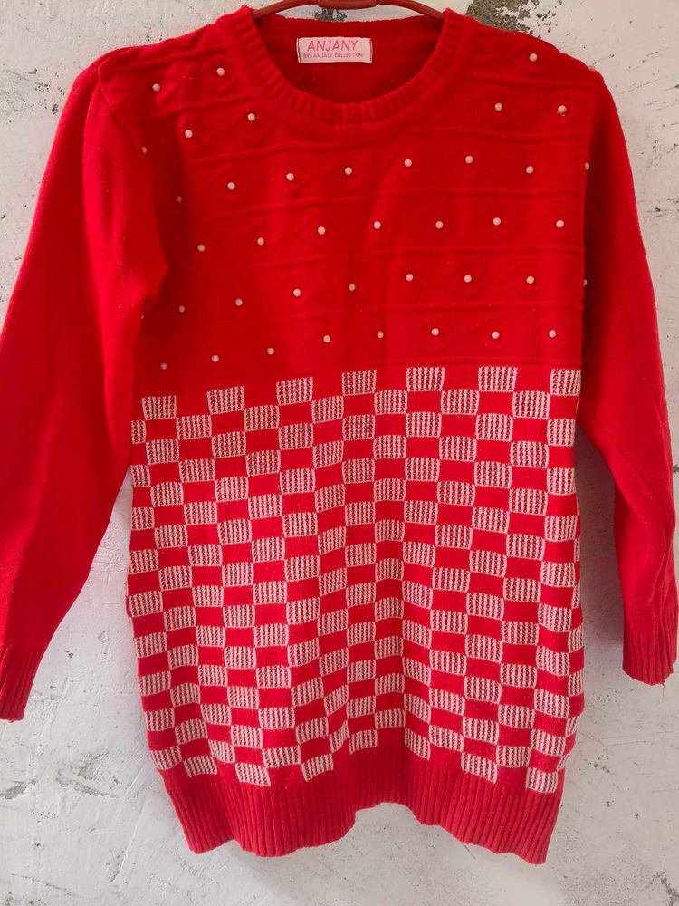Red Checkered Knit Sweater