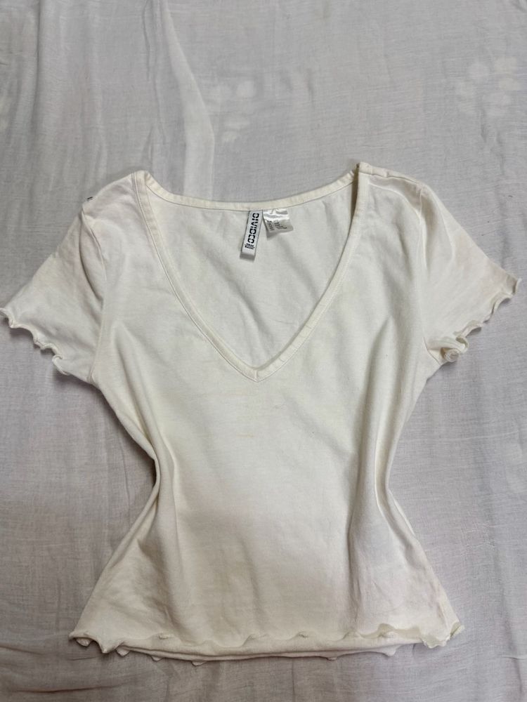 Cream V-Neck T-Shirt original h&amp;m