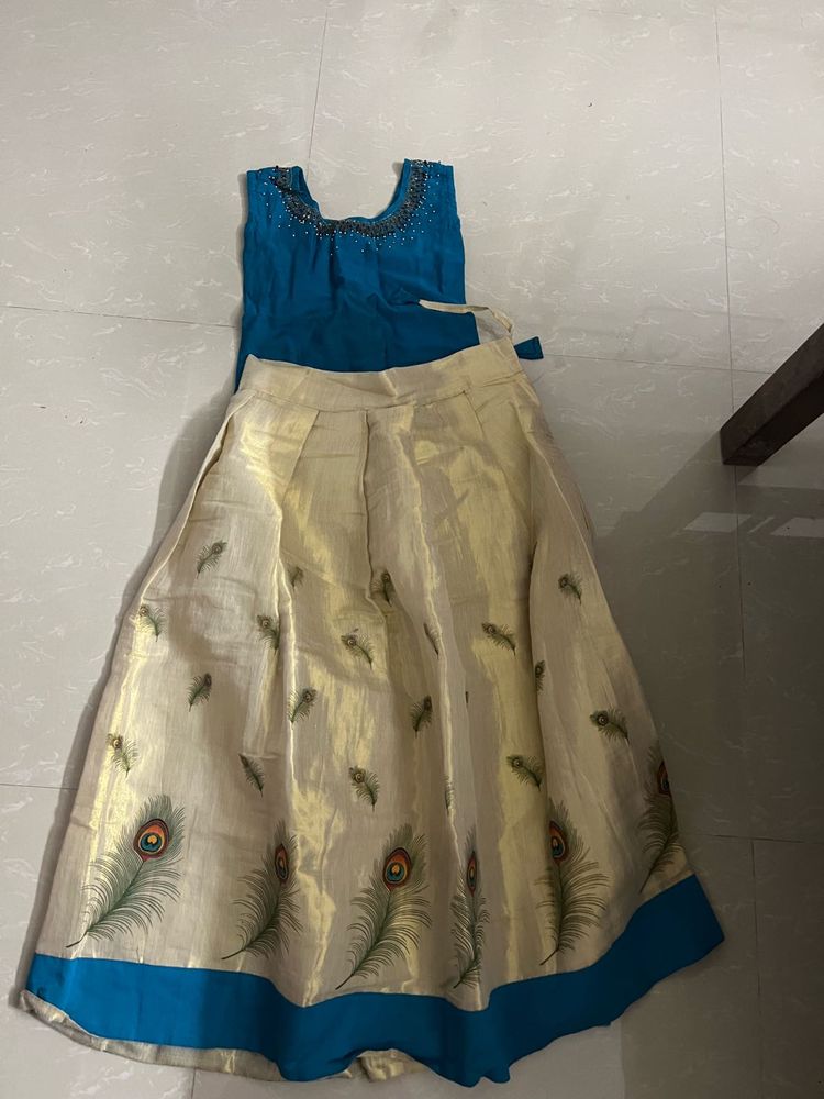 Girls' Blue &amp; Gold Lehenga Choli