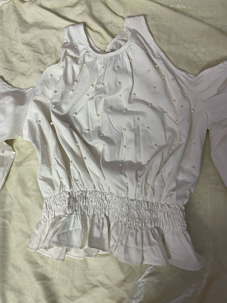 White Cold Shoulder Pearl Embellished backless Top