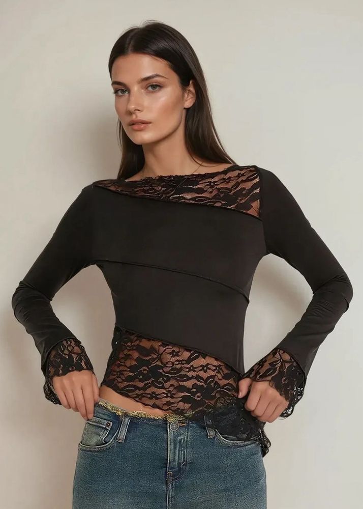 Newme Black Lace Trim Asymmetrical Top