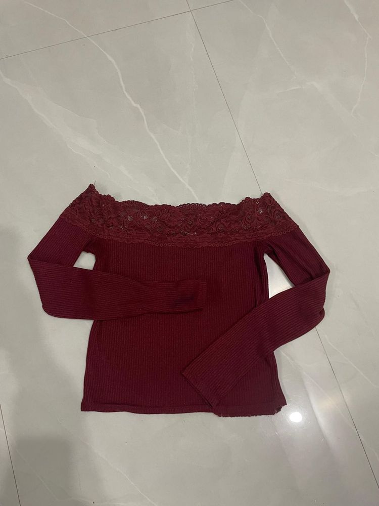 Burgundy Lace Off-Shoulder Top