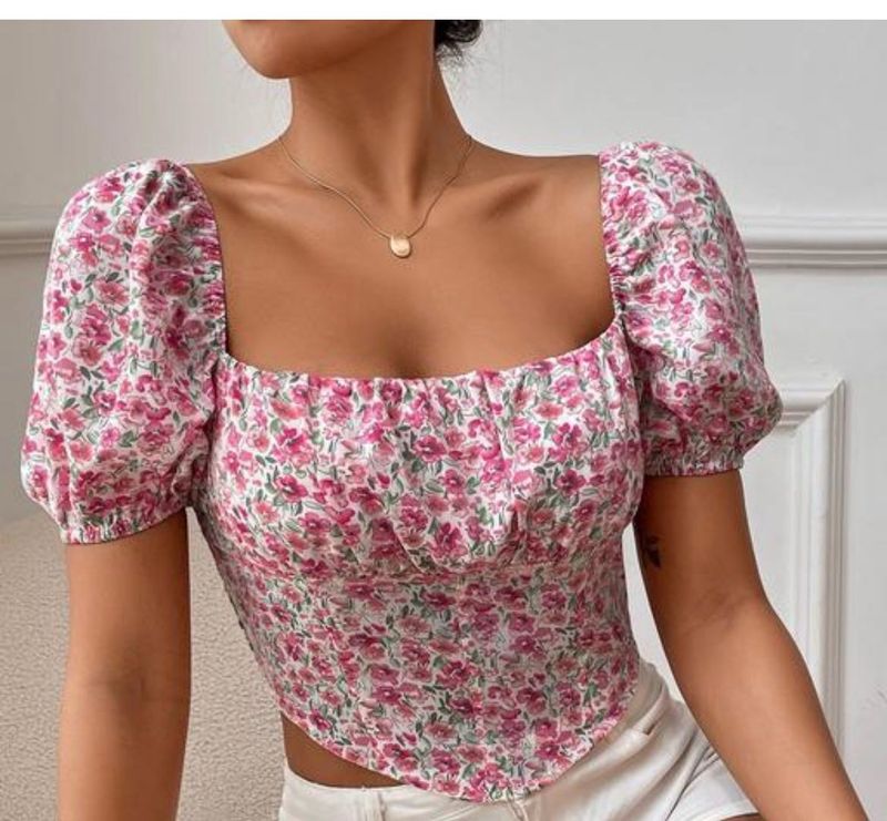 PINK Floral Puff Sleeve Top (worn once )