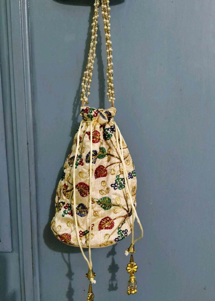 Embroidered Potli Bag with Beaded Handle