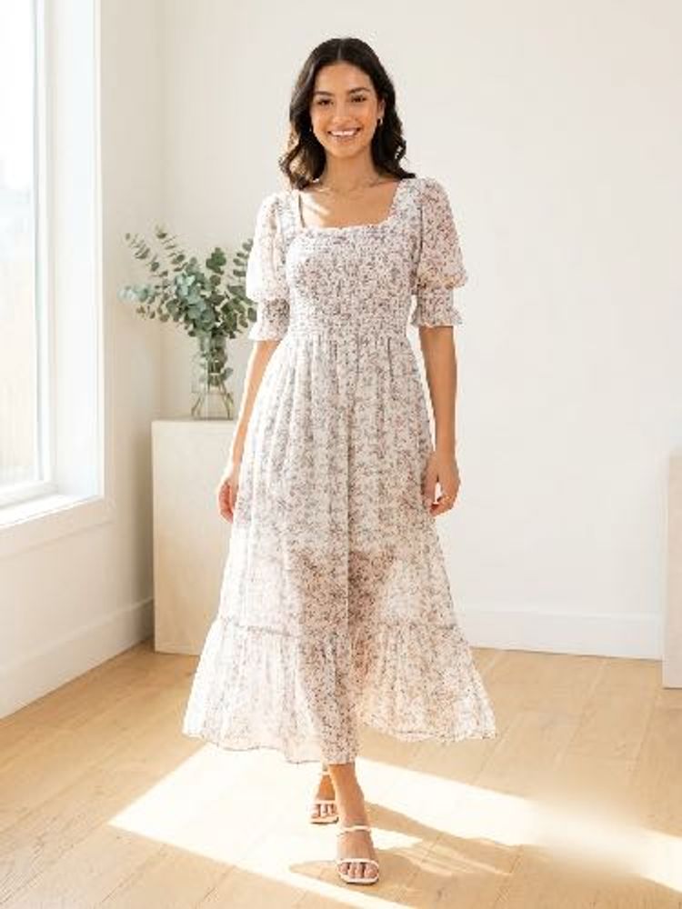 Chic Floral Puff Sleeve Midi Dress
