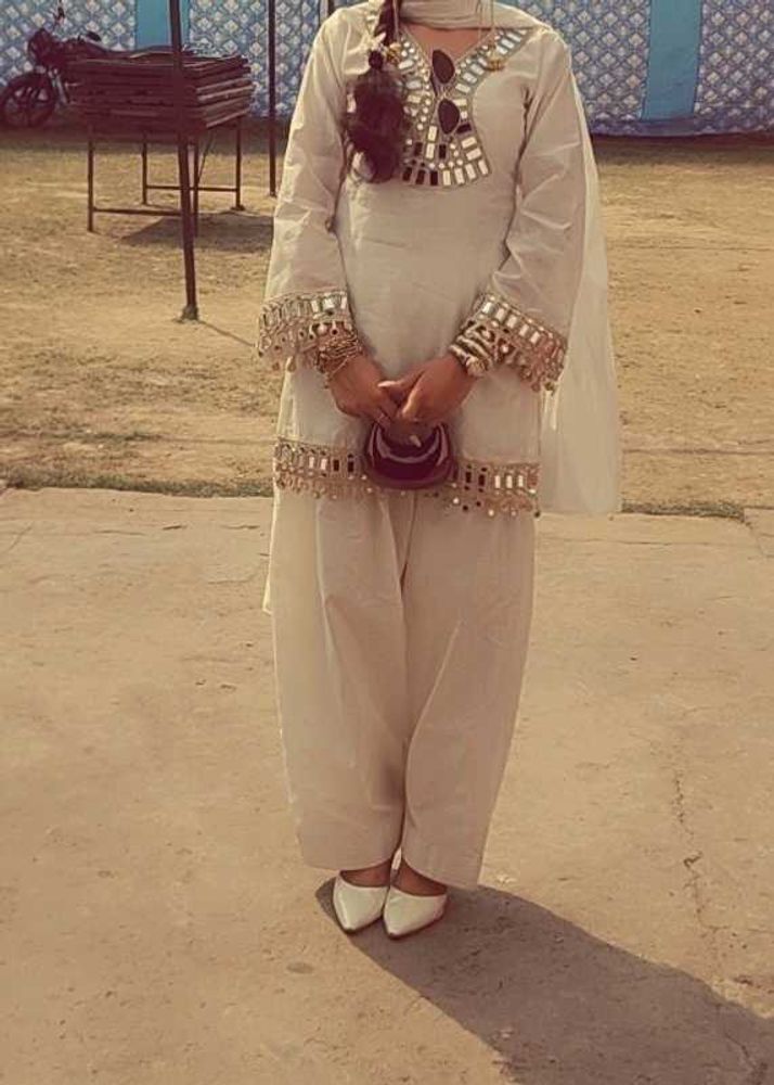 White Kurta farsi salwar with Mirror Work