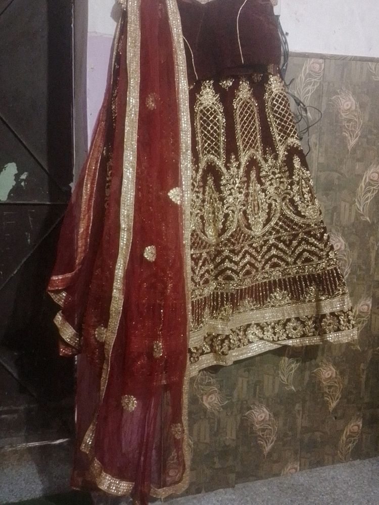 Dark Maroon Velvet Bridal Lahenga