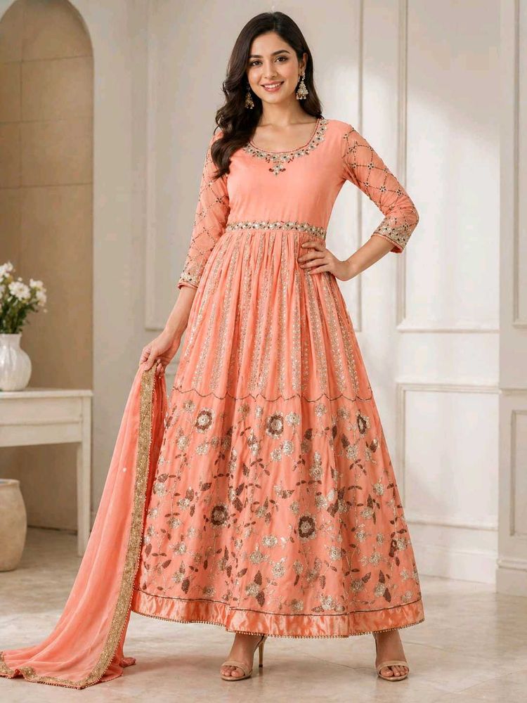 Peach Embroidered Anarkali Gown with Dupatta
