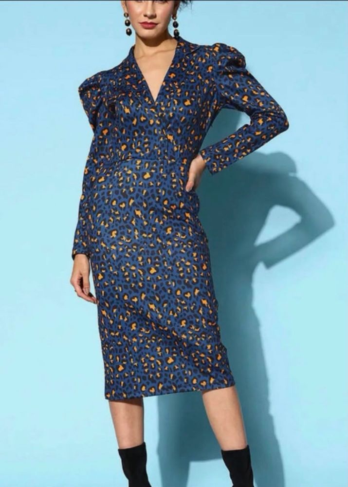 Blue Leopard Print Midi Dress