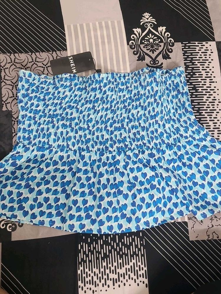 Blue Heart Print Smocked Tube Top