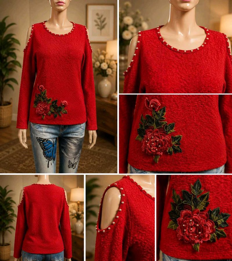 Red Cold Shoulder Sweater with Floral Applique