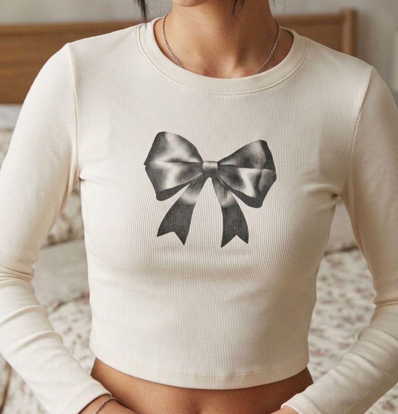 Cream Long Sleeve Top with Bow Print