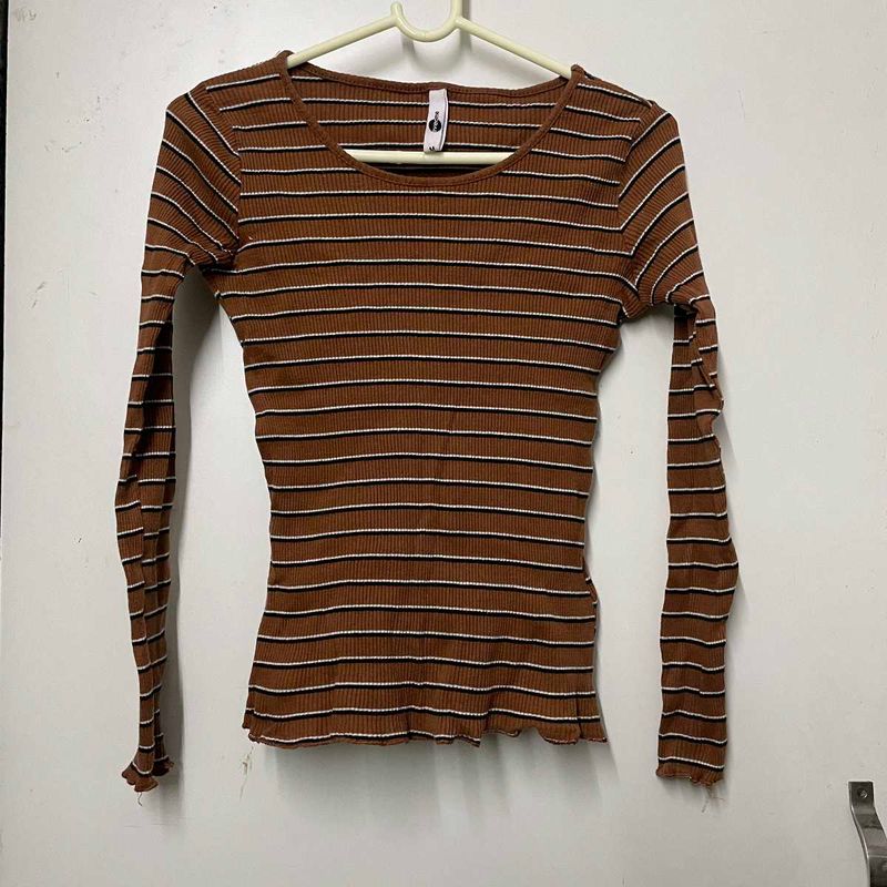 Brown Striped Ribbed Knit Top