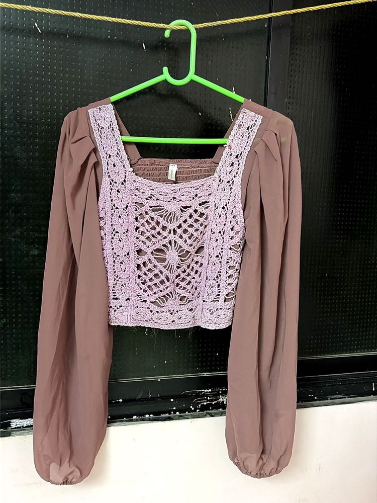 Crochet Crop Top with Sheer Sleeves