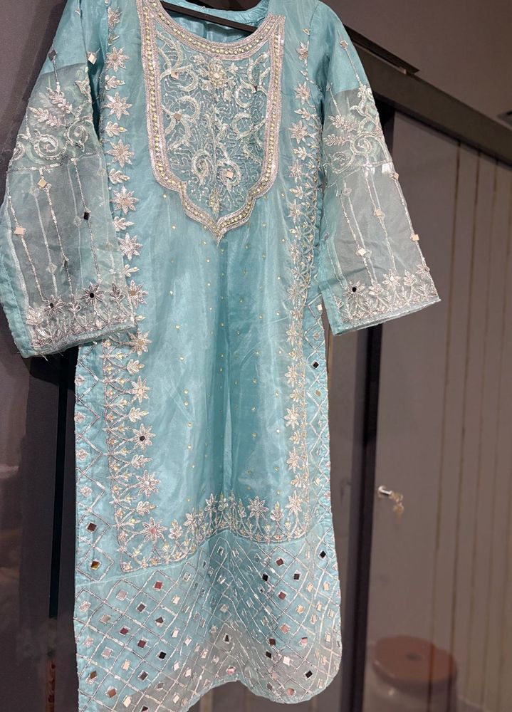 Embellished blue Kurta palazo with dupatta