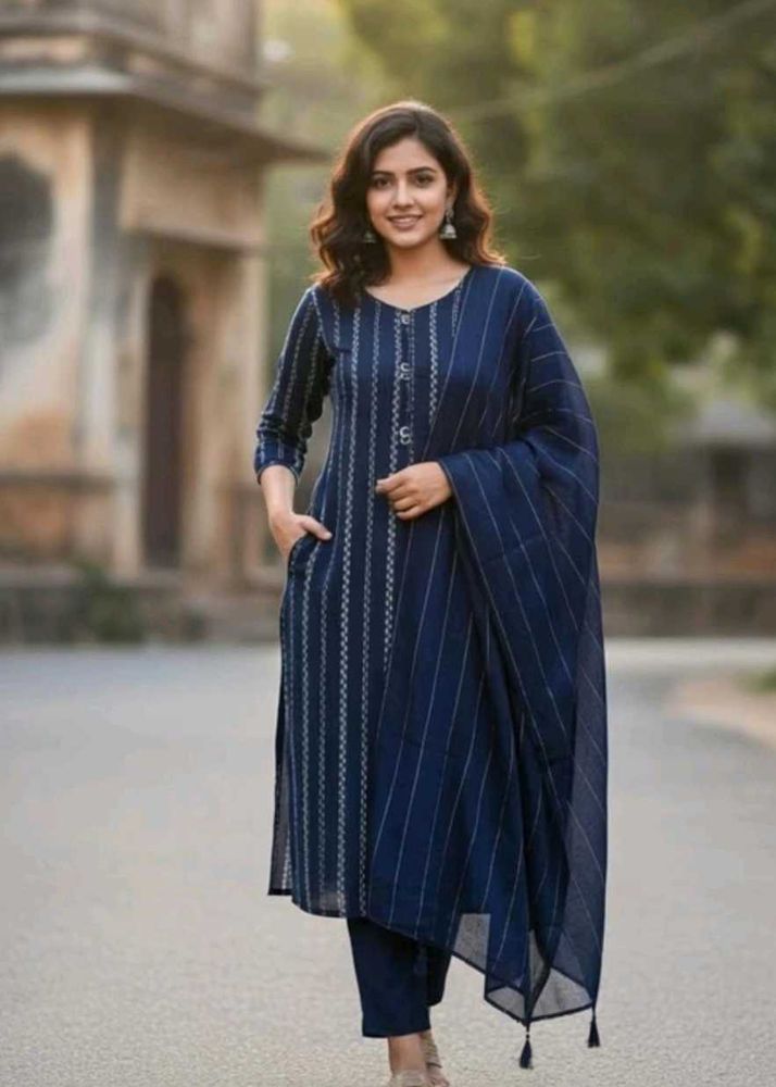 Stylish Navy Blue Striped Kurta Set