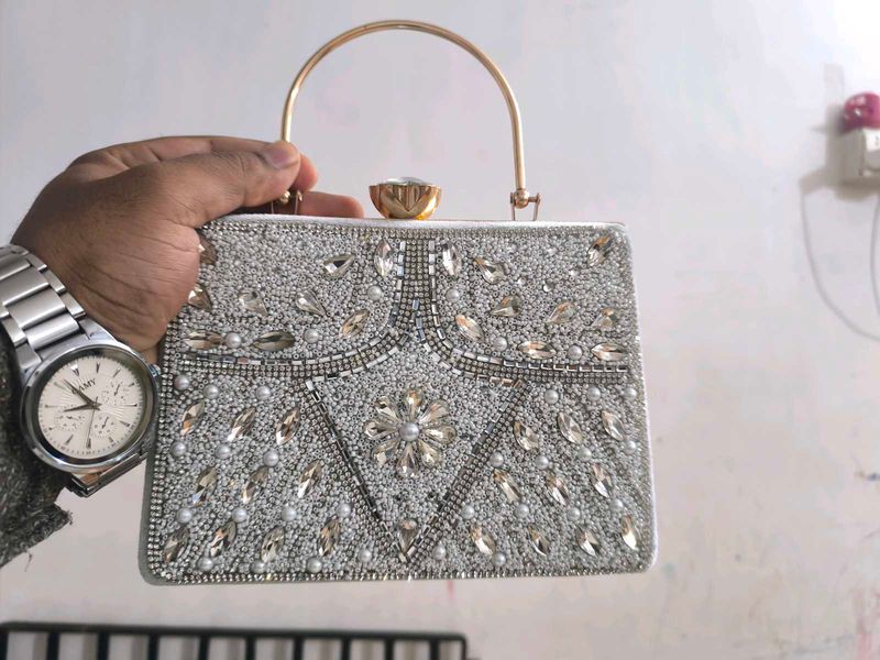 Luxury Silver Beaded Clutch for Women | Pearl &amp; Rh