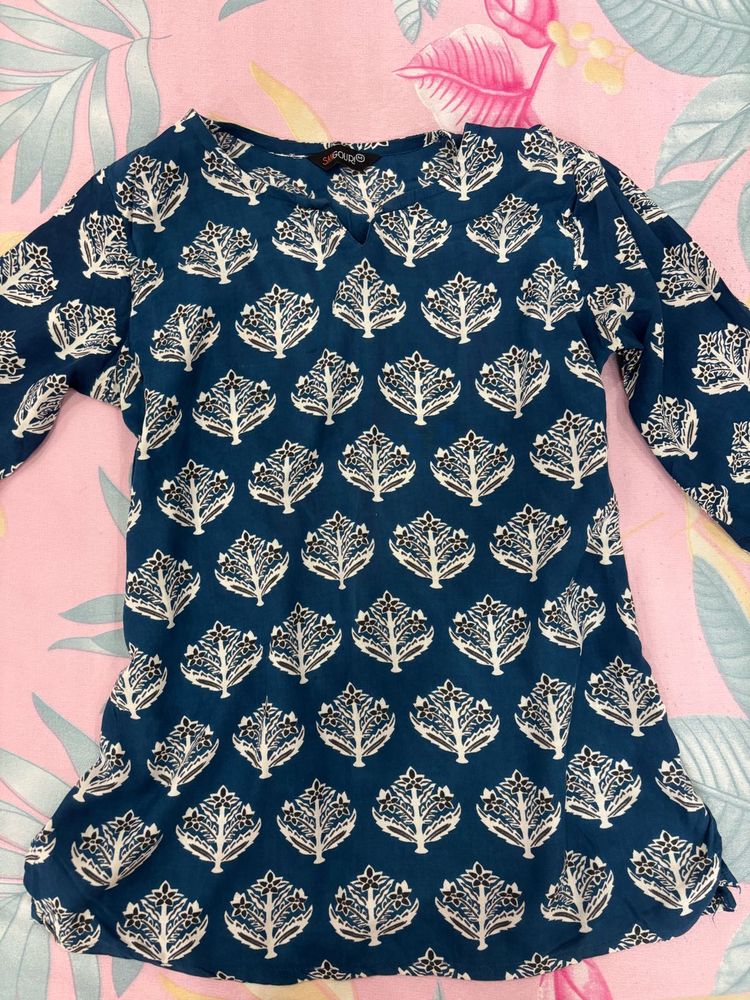 Teal Blue Block Print Kurta