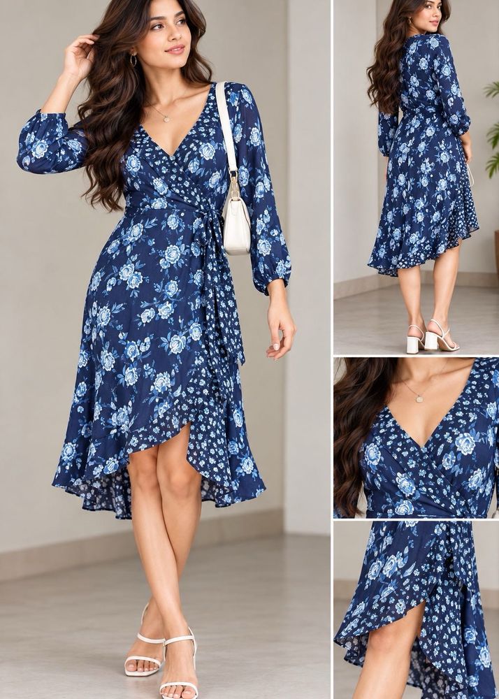 H&amp;M Navy Blue Floral Wrap Dress