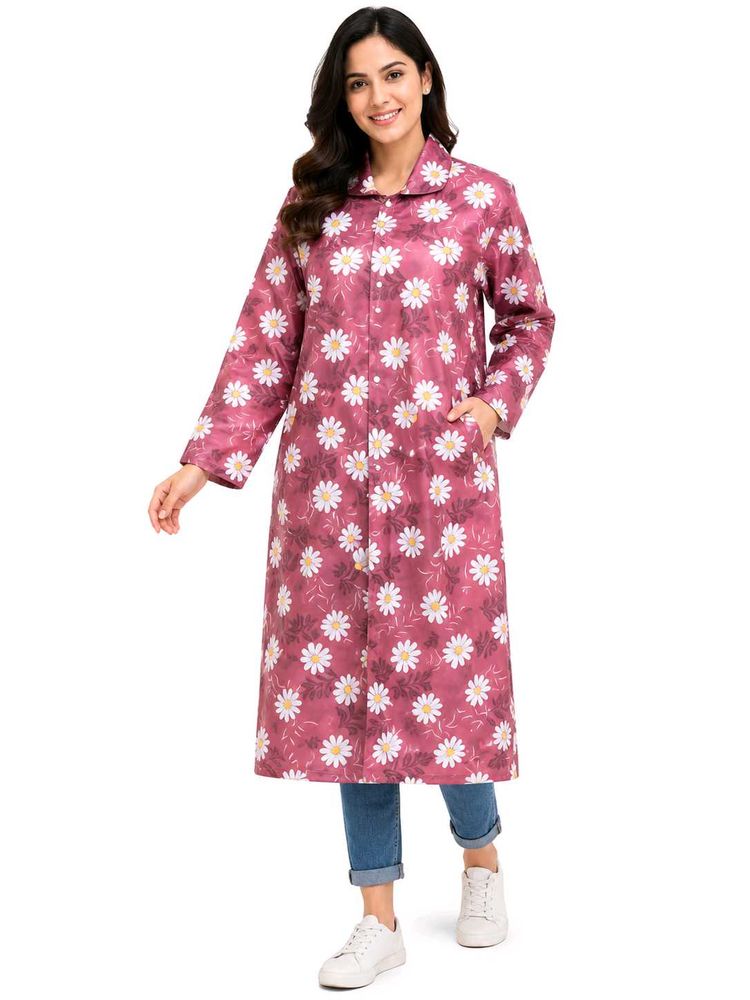 Daisy Print Long Raincoat Coat for Women