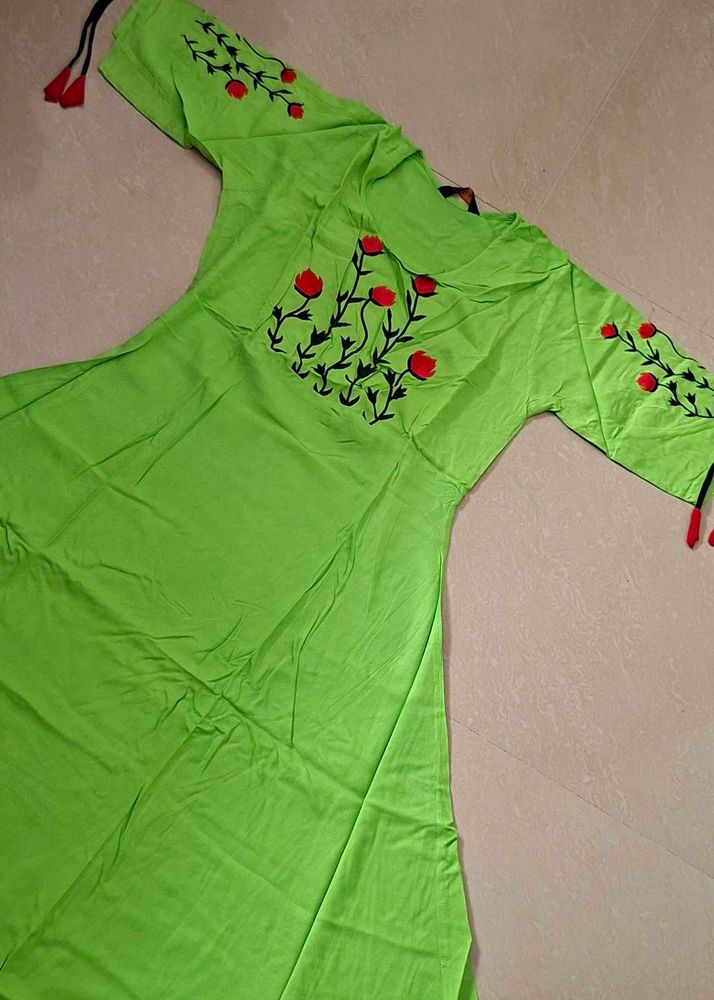Vibrant Lime Green Kurta with Floral Embroidery
