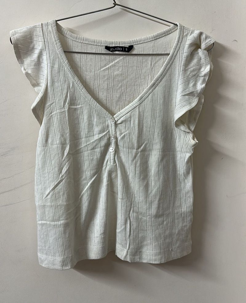 White V-Neck Flutter Sleeve Top