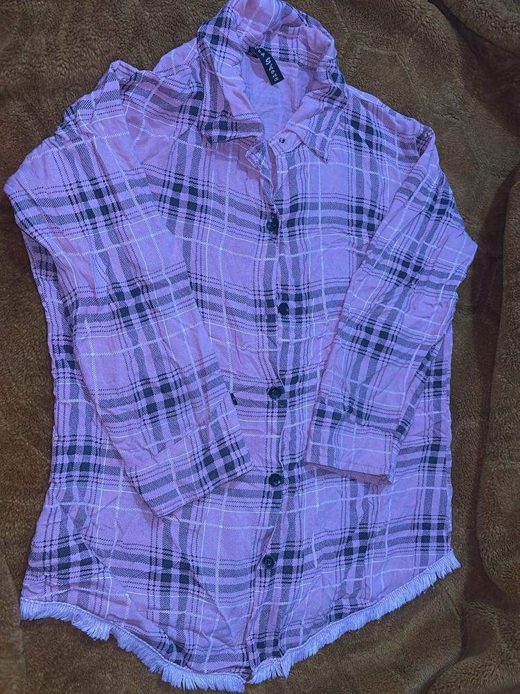 Pink Plaid Frayed Hem Shirt