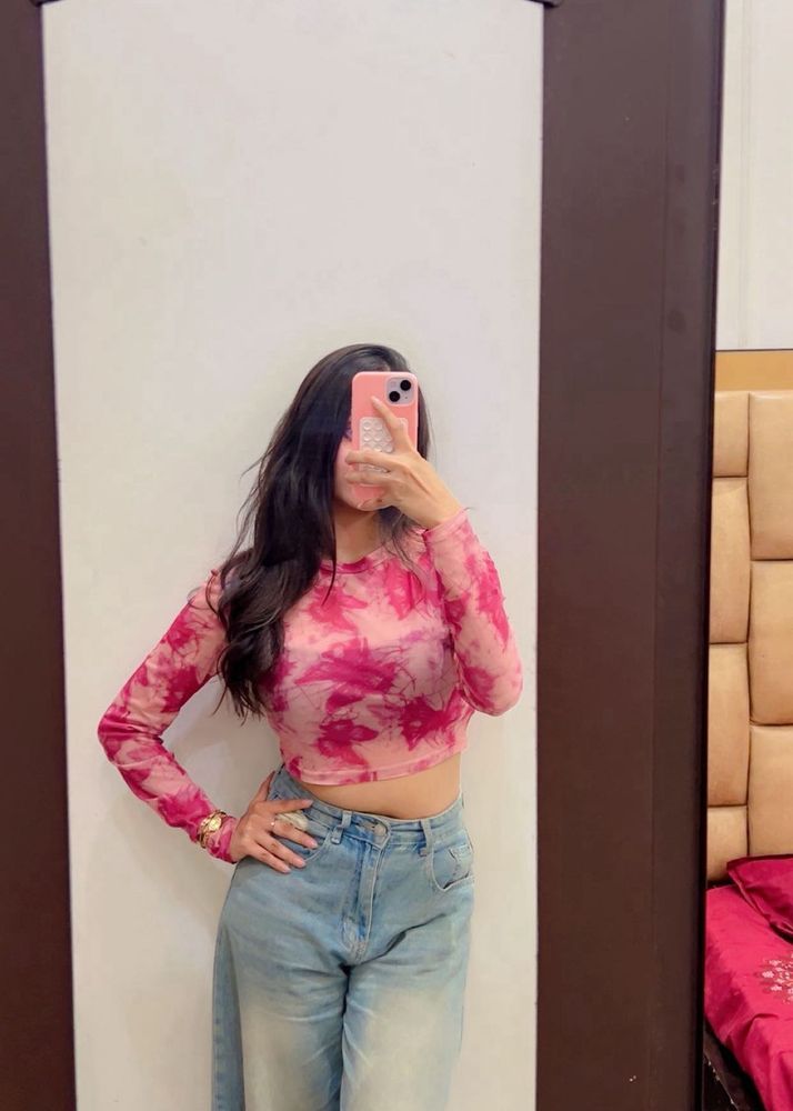 Tie-Dye Mesh Long Sleeve Crop Top