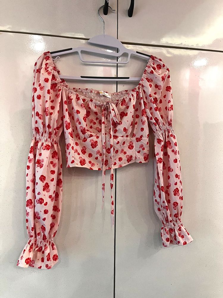 Pink Floral Off-Shoulder Puff Sleeve Top