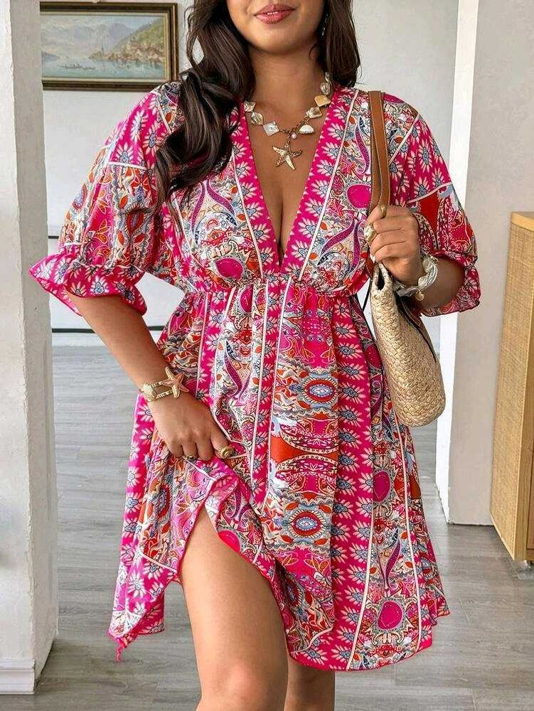 I. Bohemian Print V-Neck Mini Dress