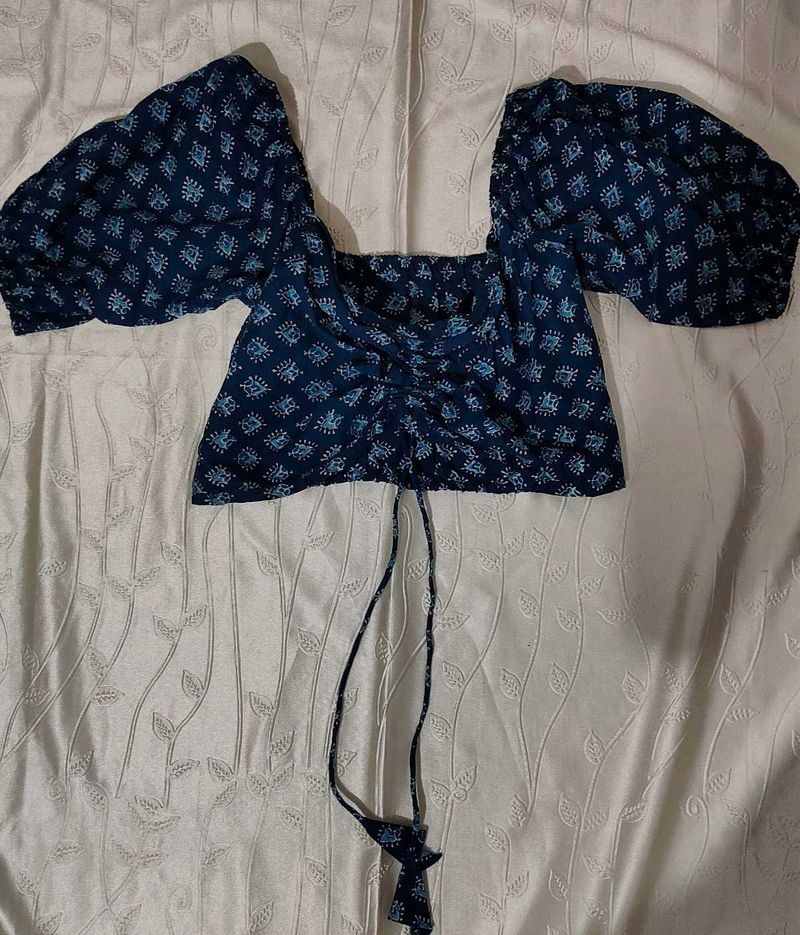 Blue Floral Print Smocked Crop Top