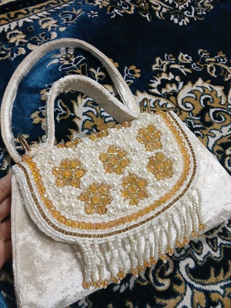 crystal and pearl work velvet purse