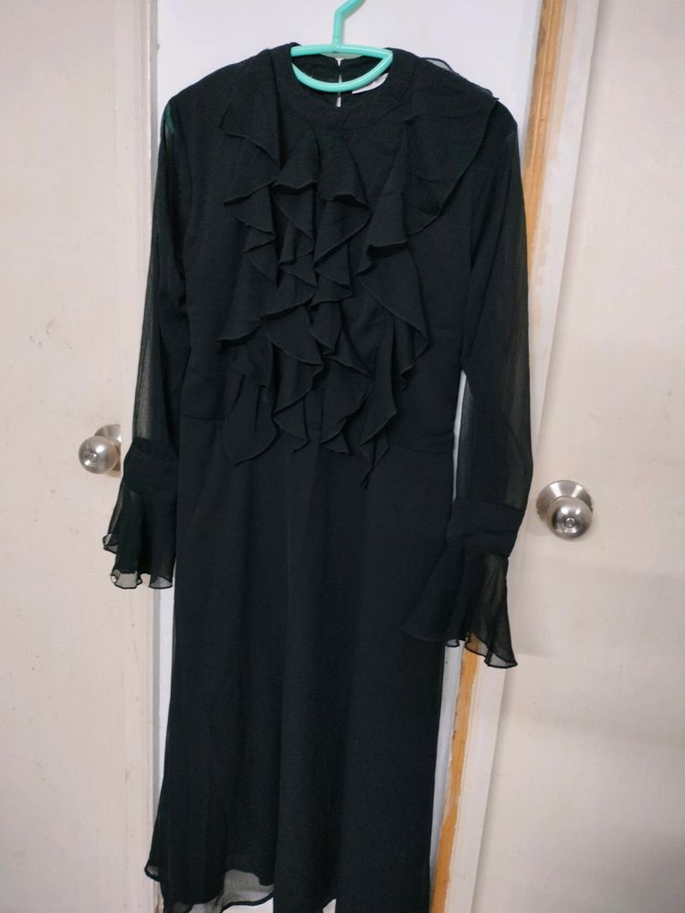 Stalk By Love Black Long Dress/Gown With Frills