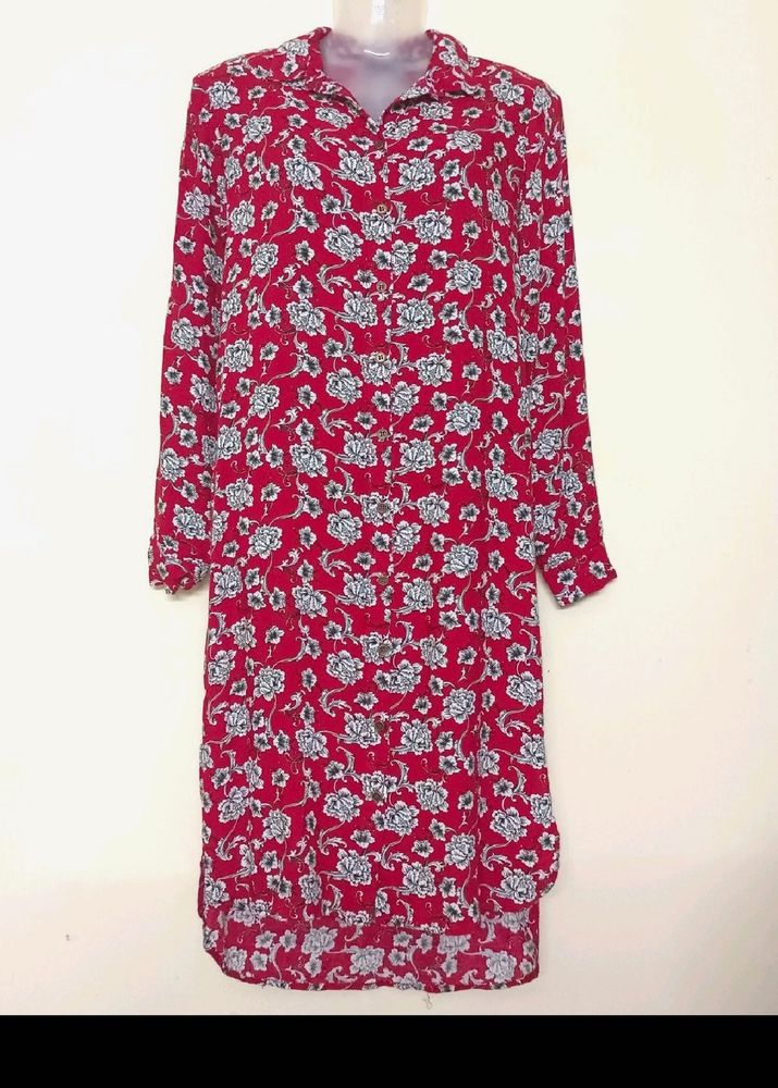 Chic Red Floral Print Shirt Dress