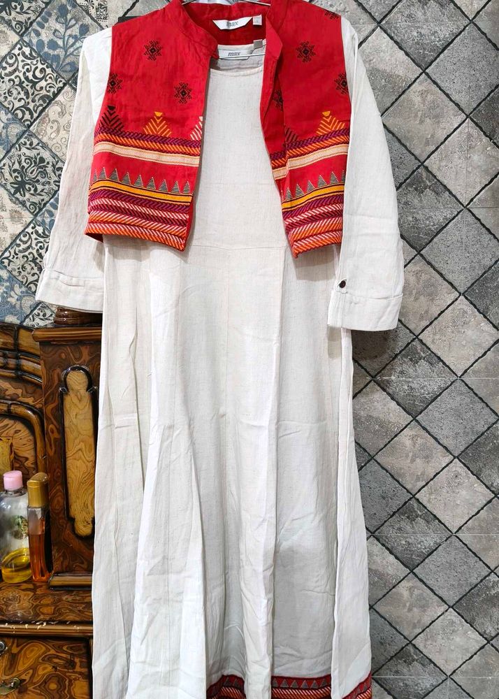 Elegant White Anarkali Kurta with Red Jacket
