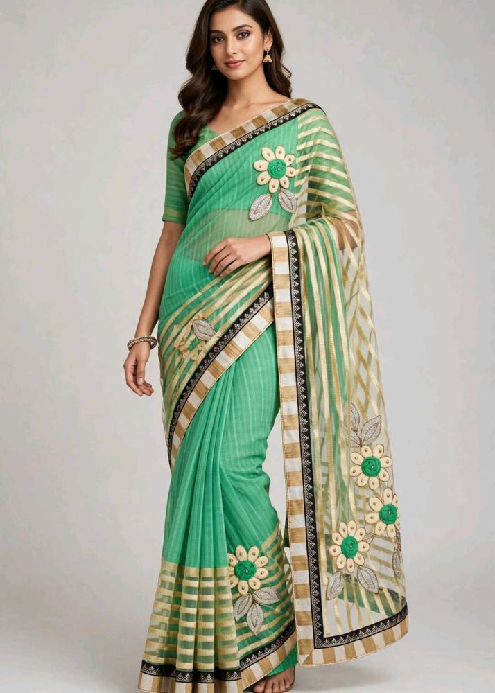 Light Green Designer Saree with 3D Floral Work