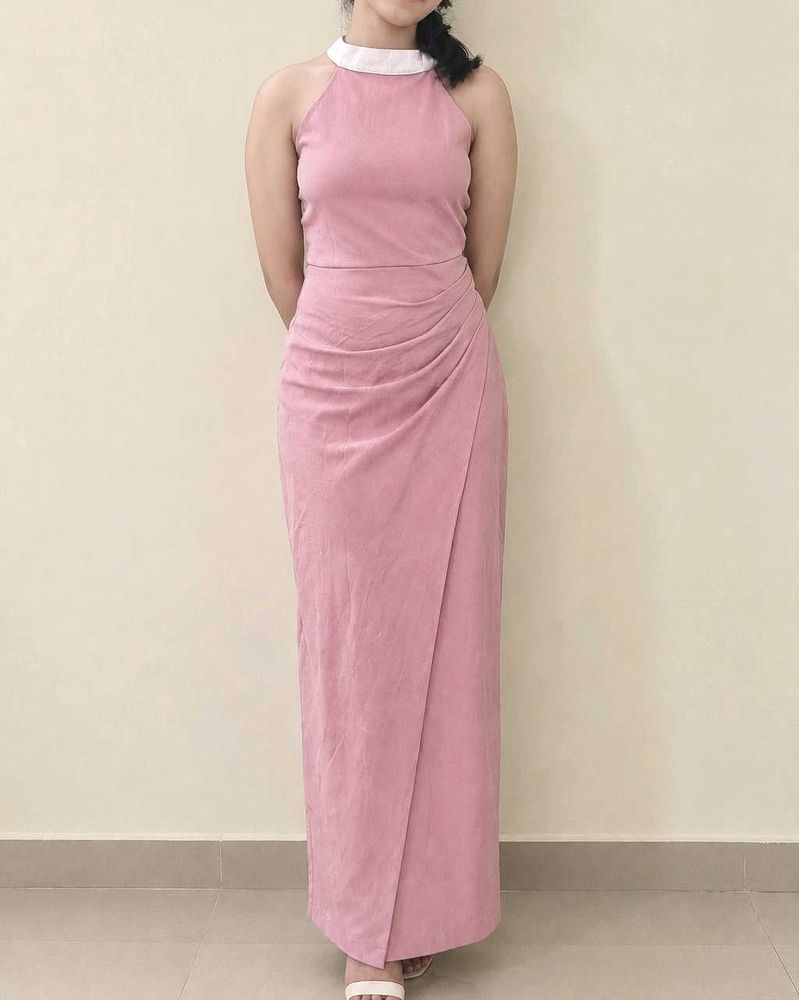 Elegant Pink Halter Neck Maxi Dress