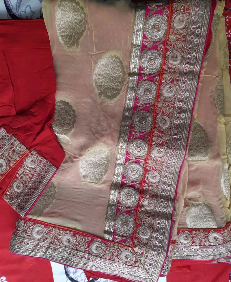 Heavy Cream And Red Color Combination Saree