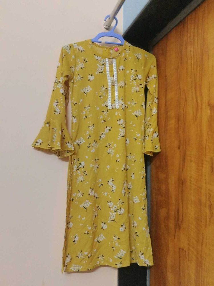 Yellow Floral Kurta with Bell Sleeves