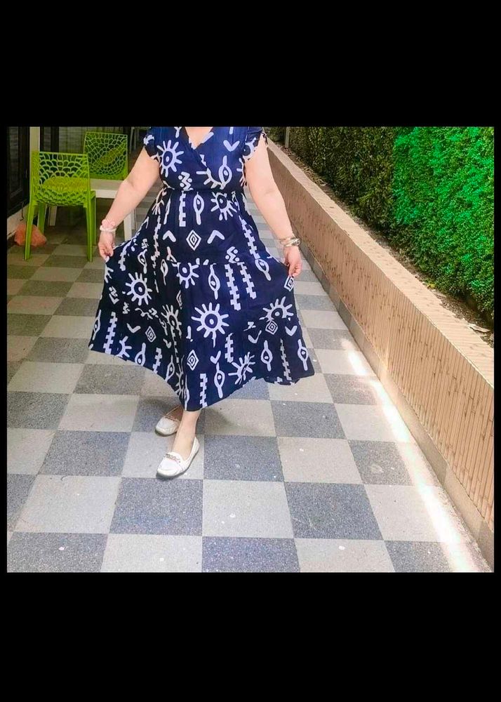 Stylish Navy Blue Printed Maxi Dress
