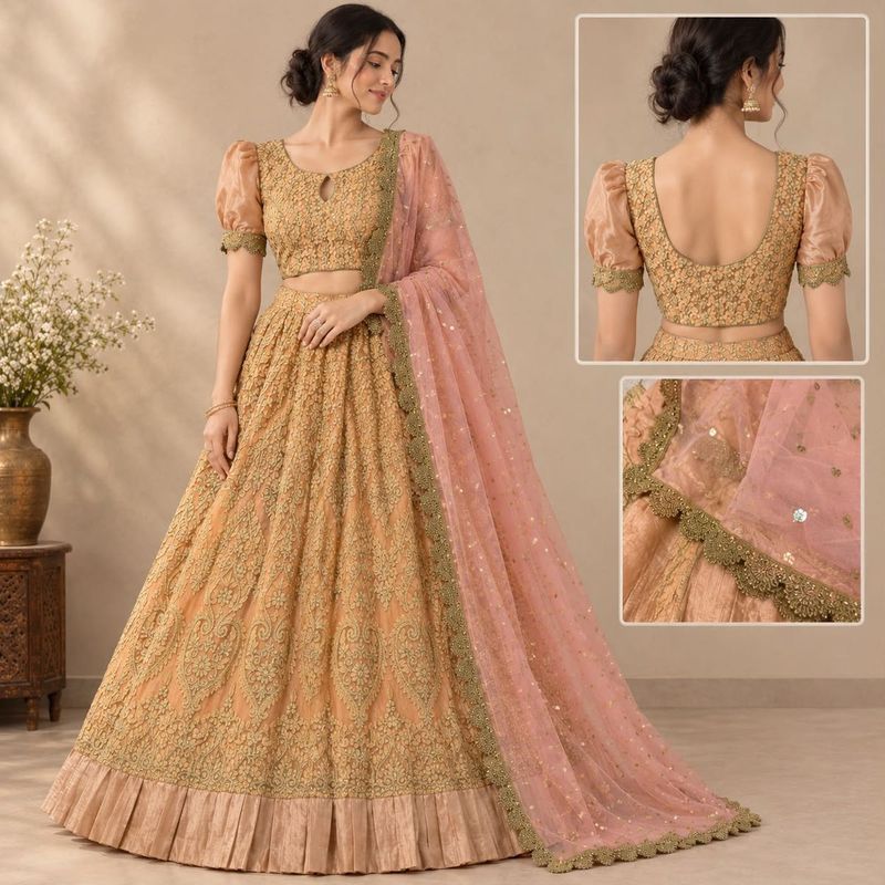 Stunning Peach Embroidered Lehenga Choli Set
