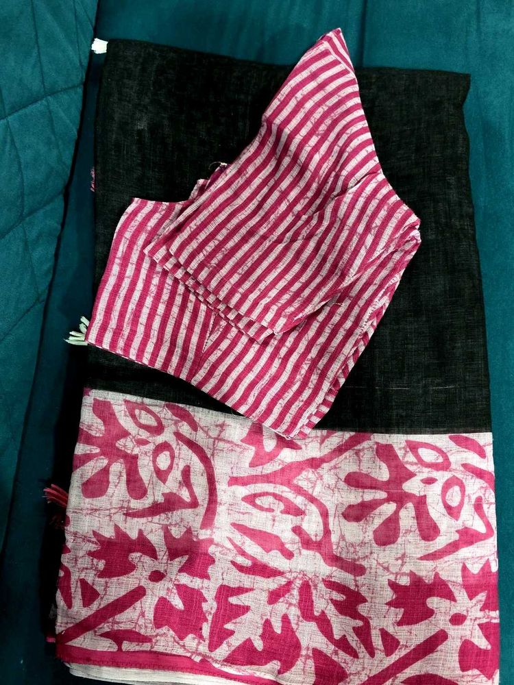 Elegant Black Saree with Pink Print