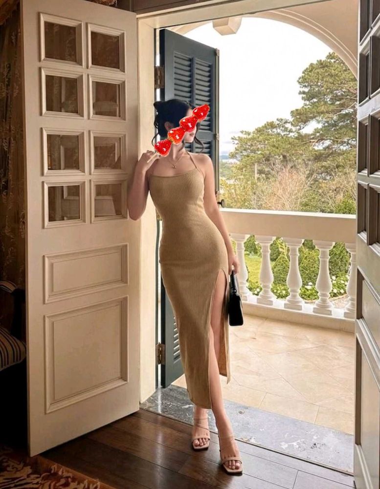 Tie Up Backless Midi Dress with High Slit