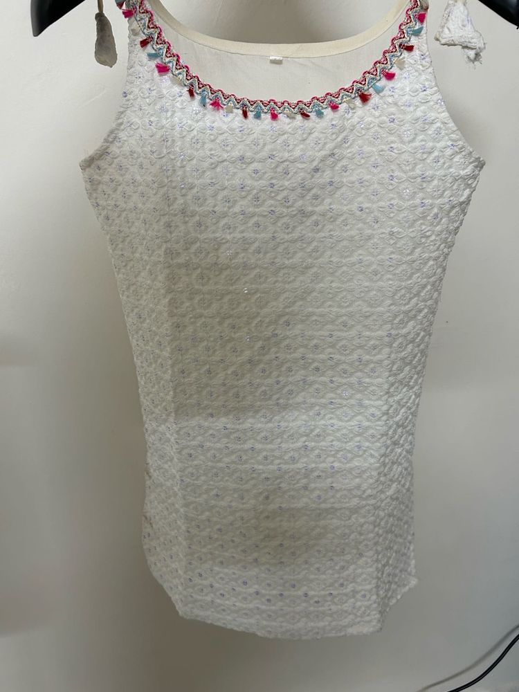 White Embroidered Kurti Blouse with Tassel Detail
