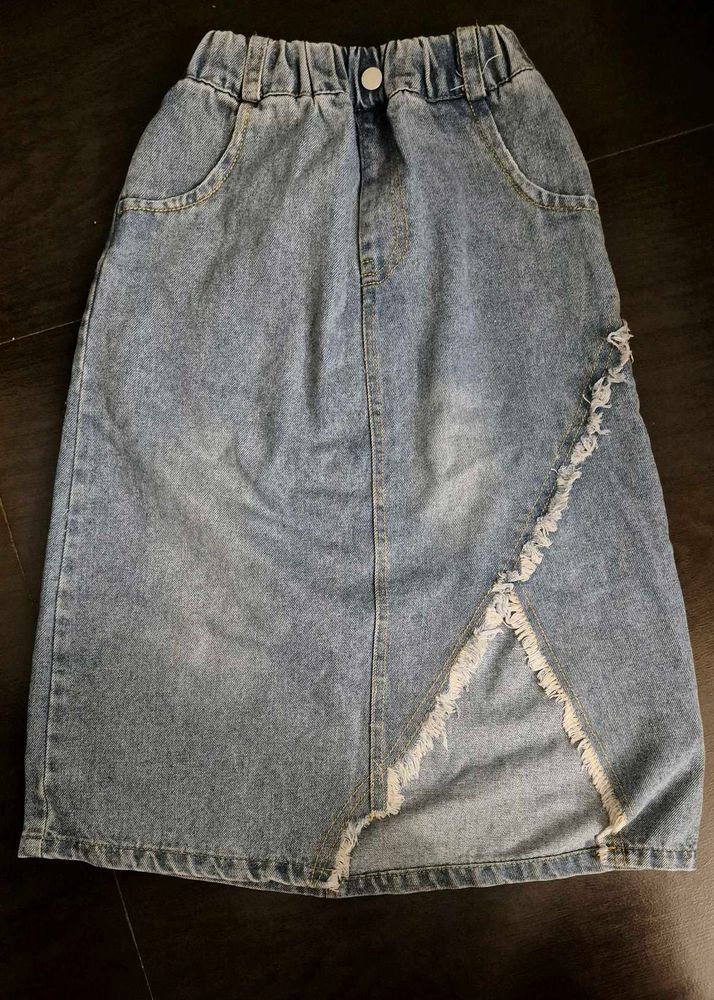 Light Wash Denim Skirt with Frayed Hem