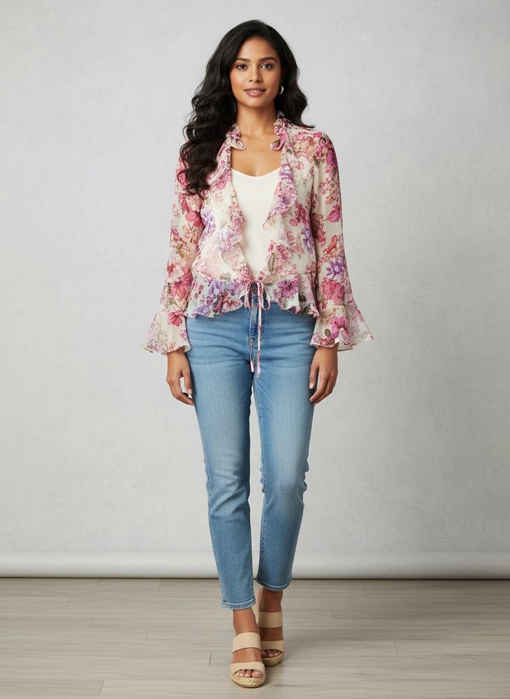 Sheer Floral Bell Sleeve Blouse
