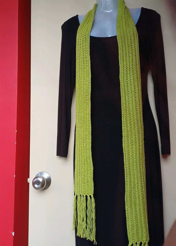 Bright Green Knit Scarf with Fringe cotton