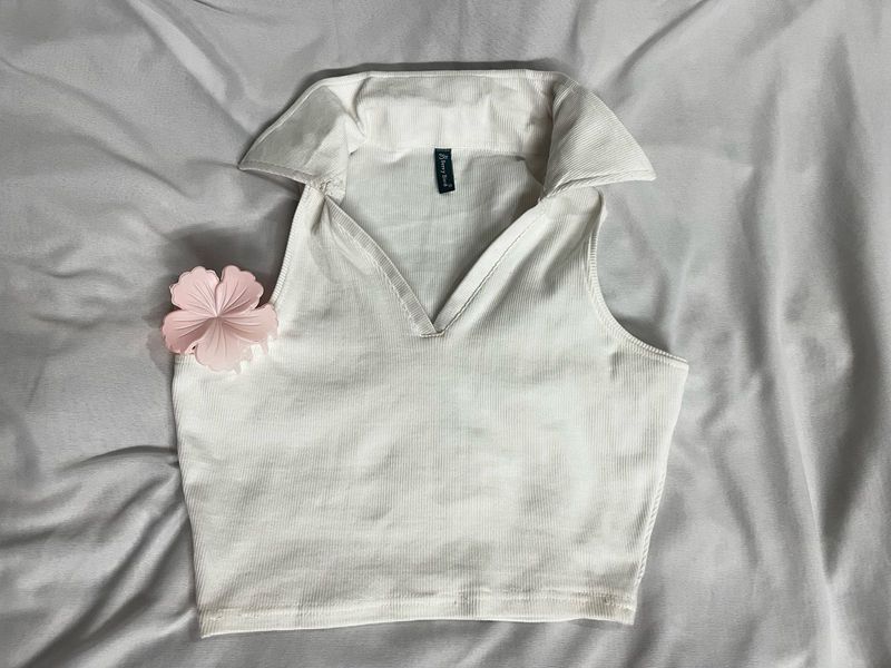 White Ribbed Collared Crop Top